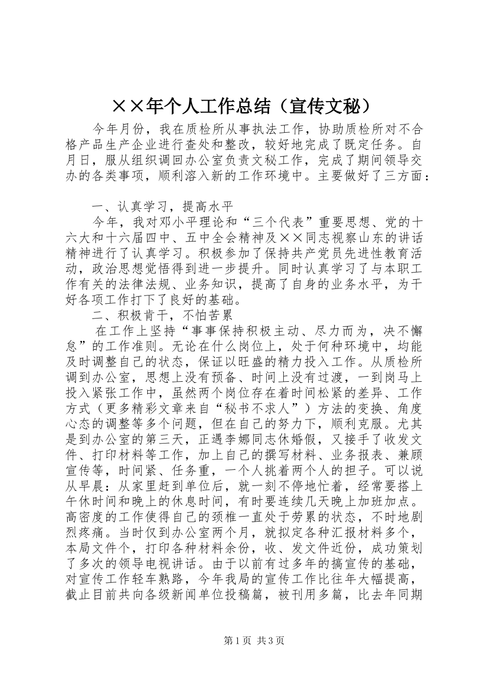 个人工作总结宣传文秘_第1页