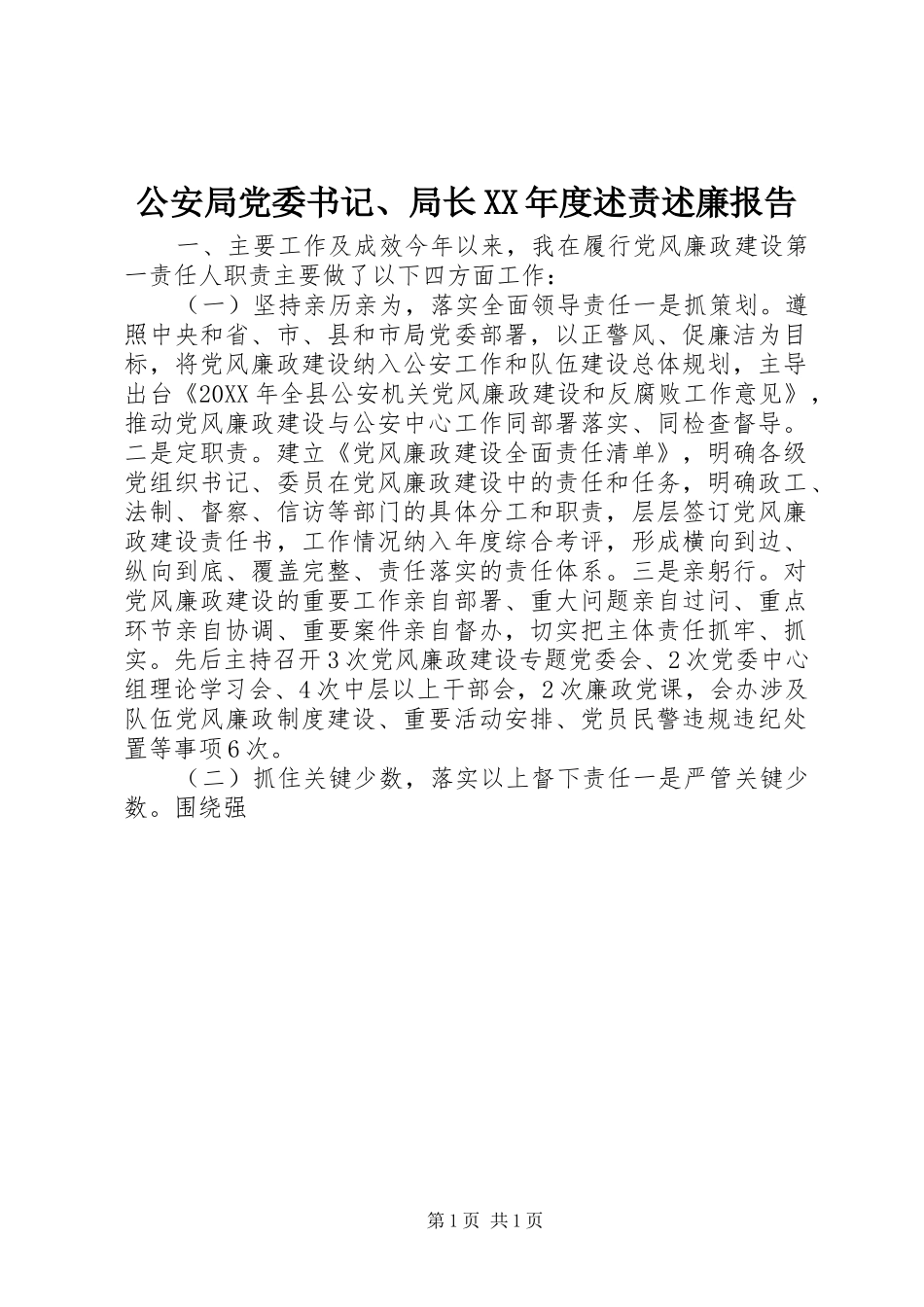 公安局党委书记局长年度述责述廉报告_第1页