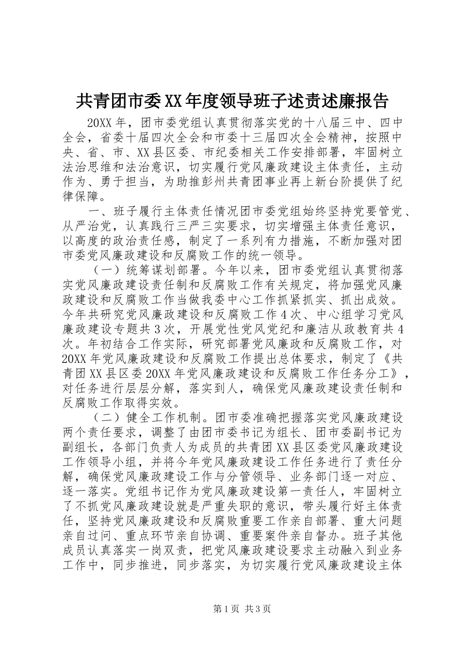 共青团市委年度领导班子述责述廉报告_第1页
