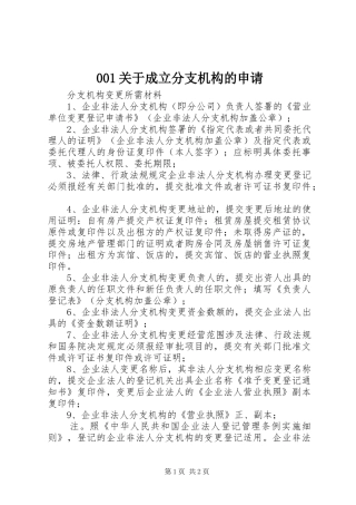 关于成立分支机构的申请