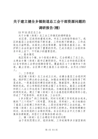 关于建立健全乡镇街道总工会干部资源问题的调研报告精