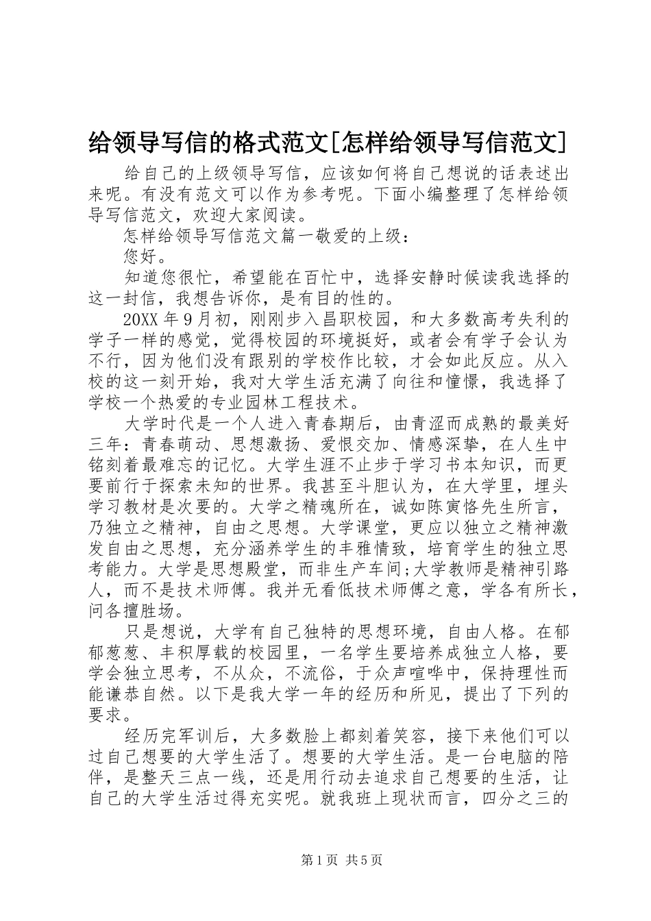 给领导写信的格式范文怎样给领导写信范文_第1页
