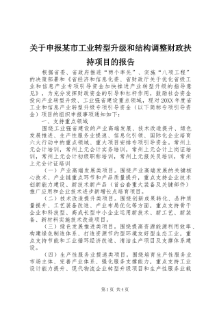 关于申报市工业转型升级和结构调整财政扶持项目的报告