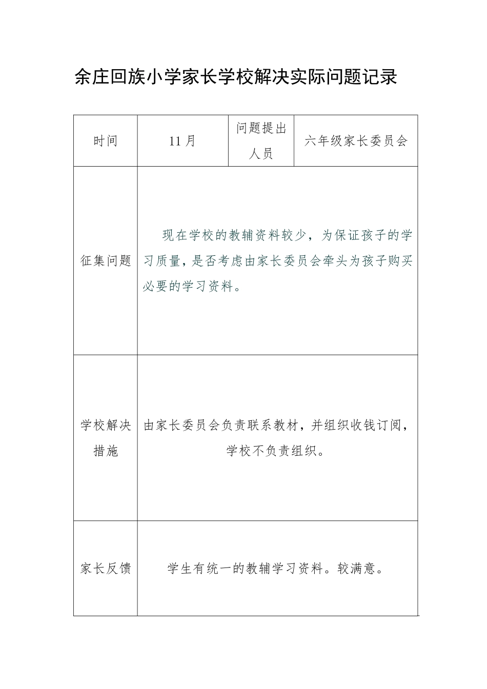 余庄回族小学家长学校解决实际问题记录_第1页