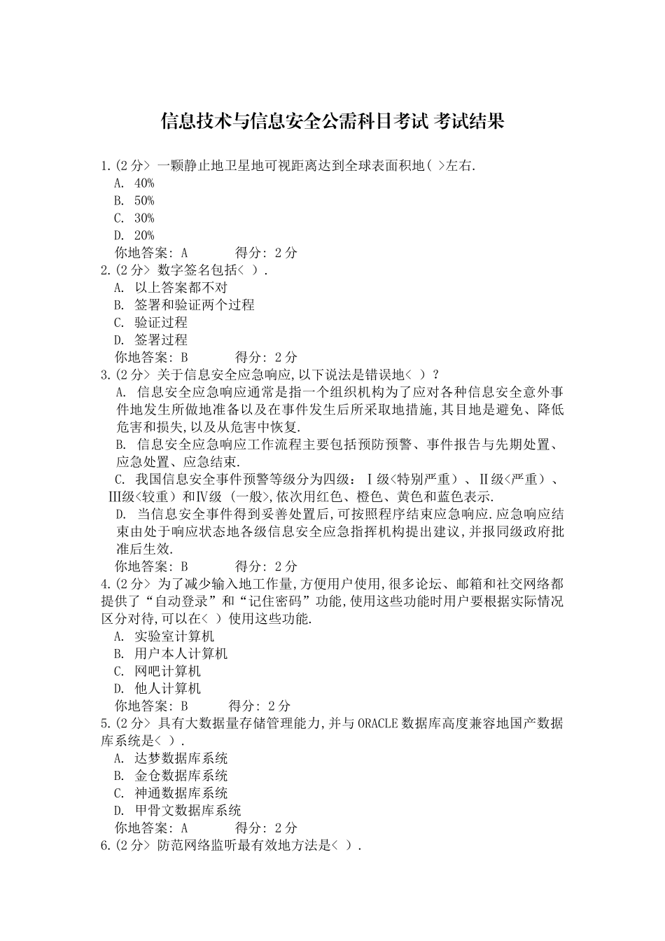 信息技术与信息安全公需科目考试-考试结果_第1页