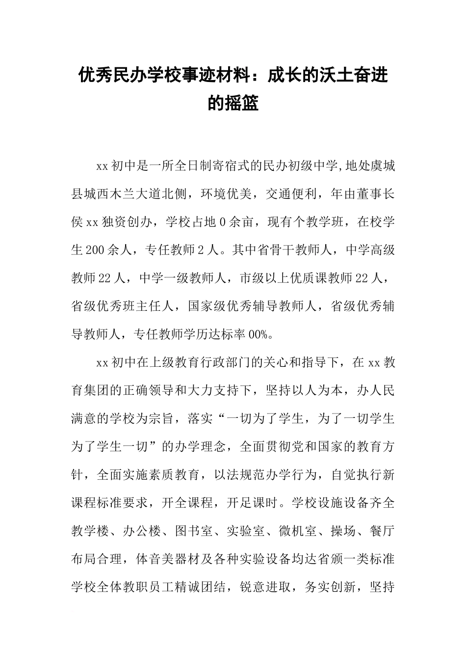 优秀民办学校事迹材料：成长的沃土奋进的摇篮_第1页