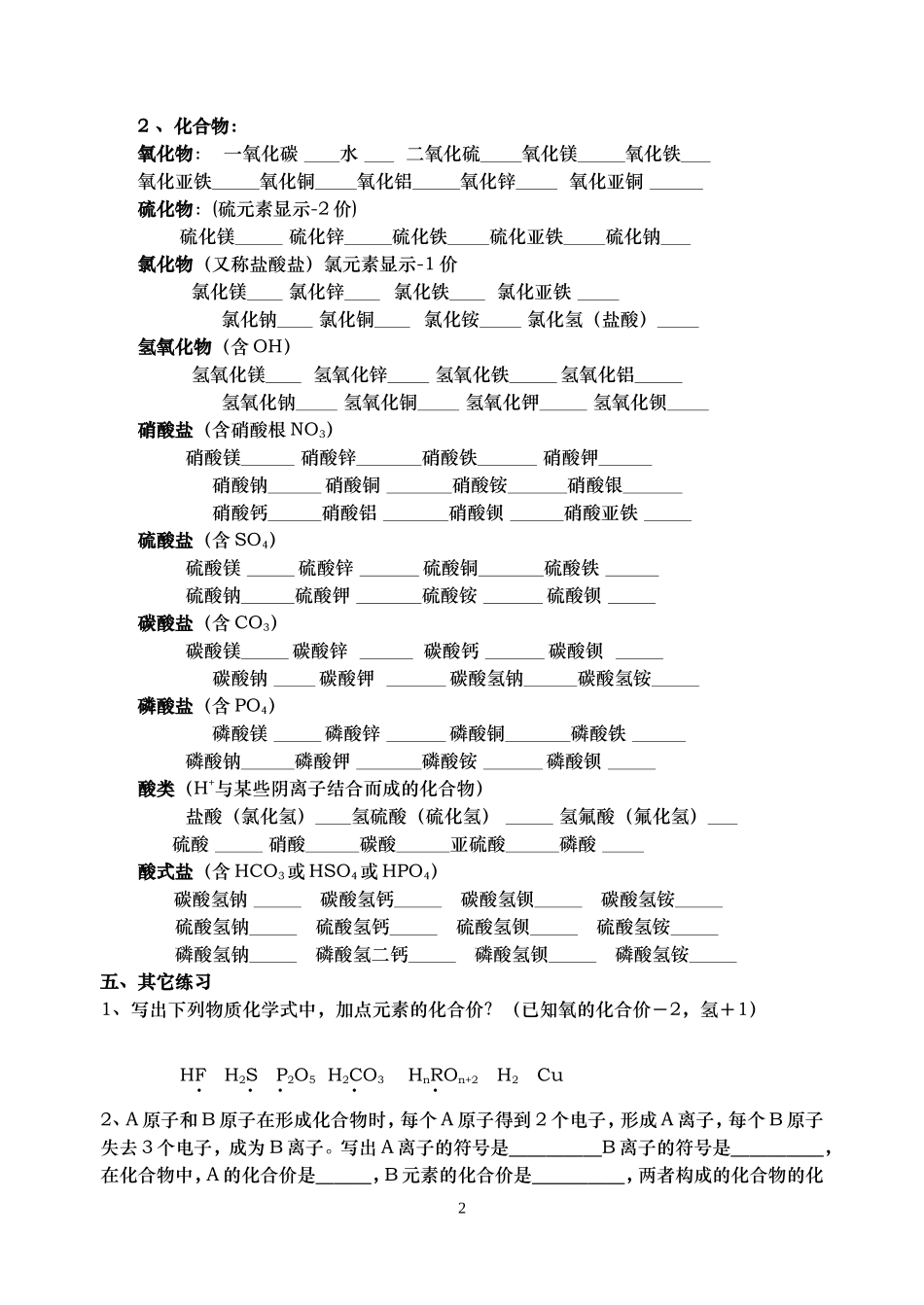 元素符号、原子团及化学式的书写及练习_第2页