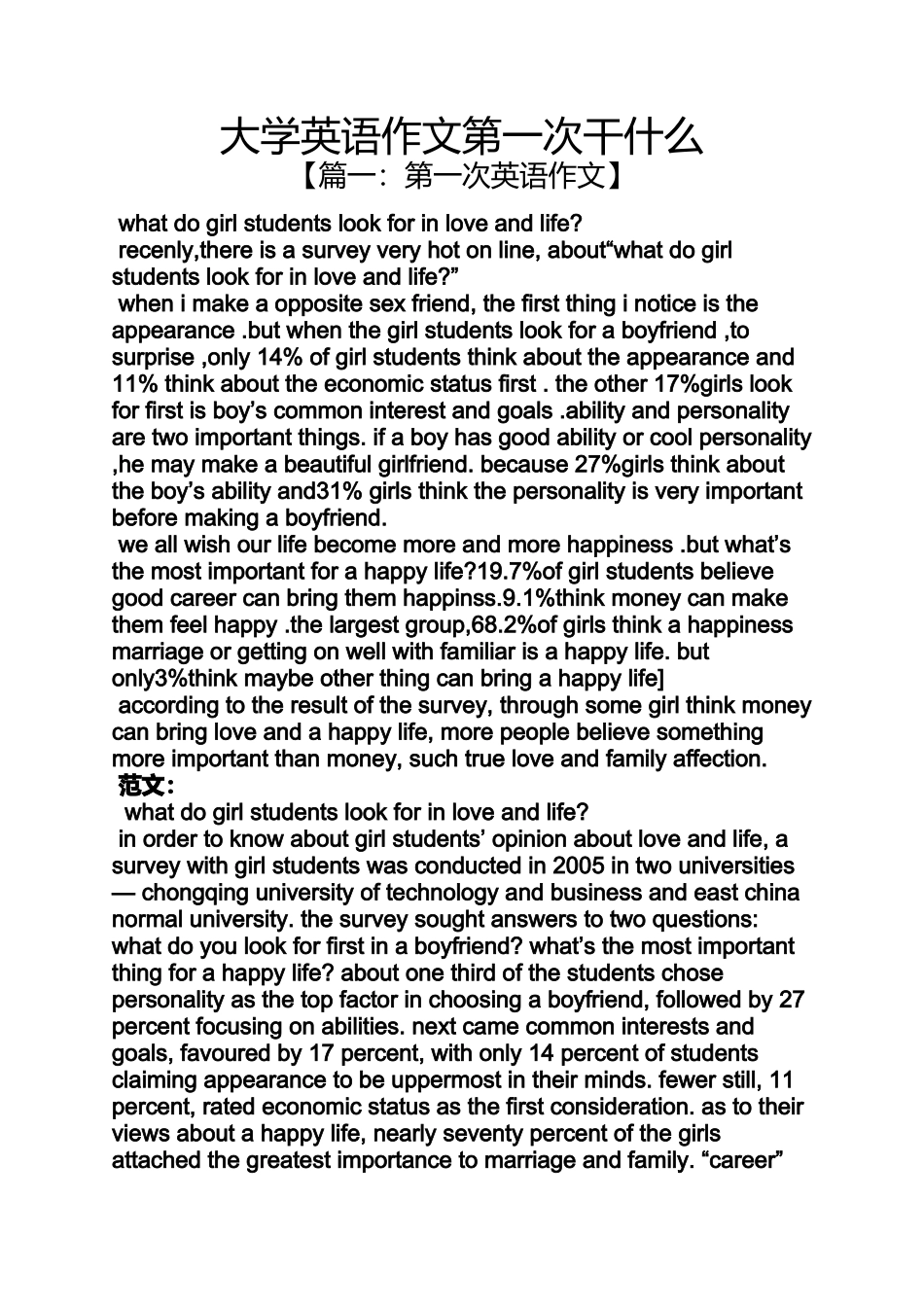 作文范文之大学英语作文第一次干什么_第1页
