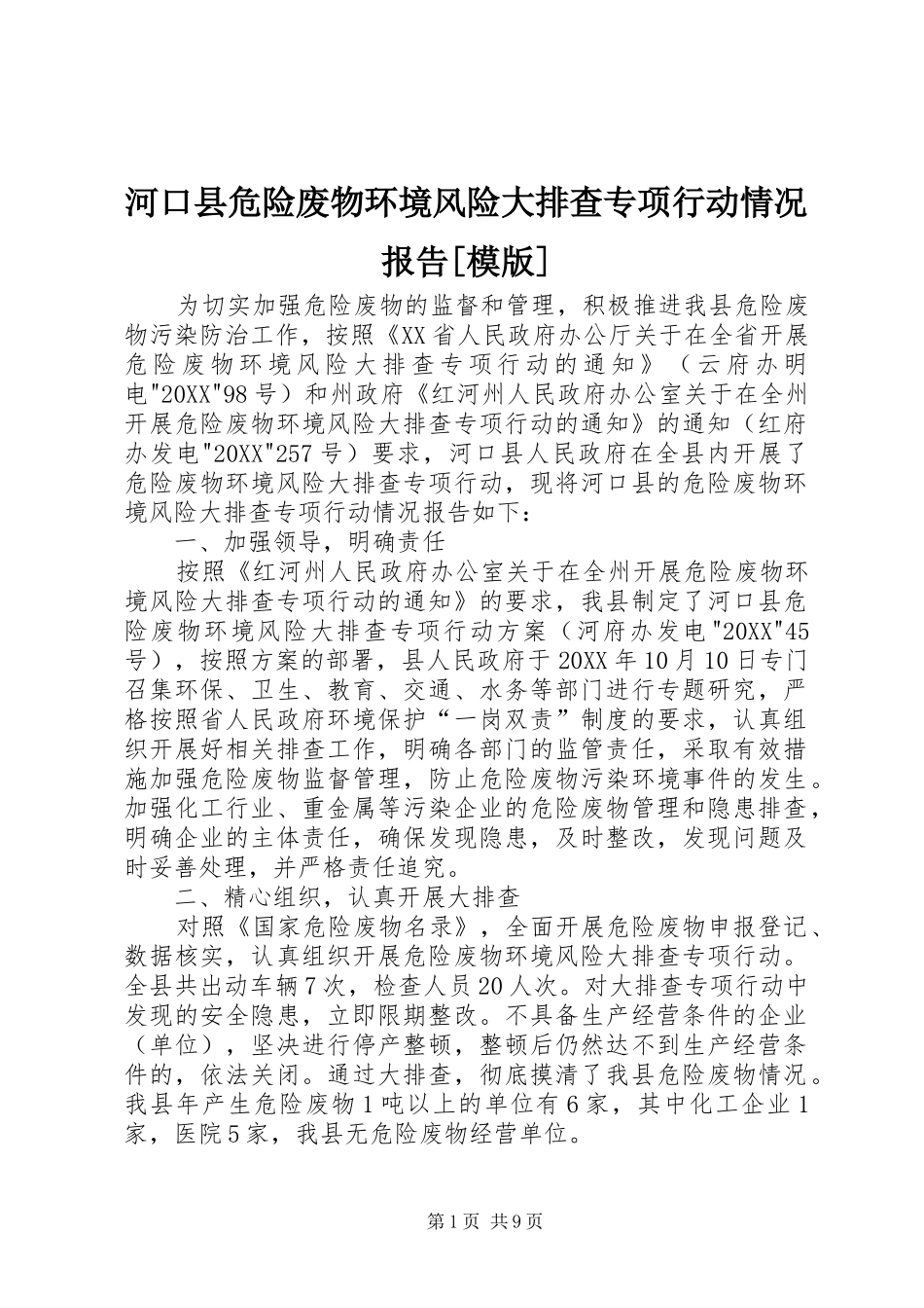 河口县危险废物环境风险大排查专项行动情况报告模版_第1页