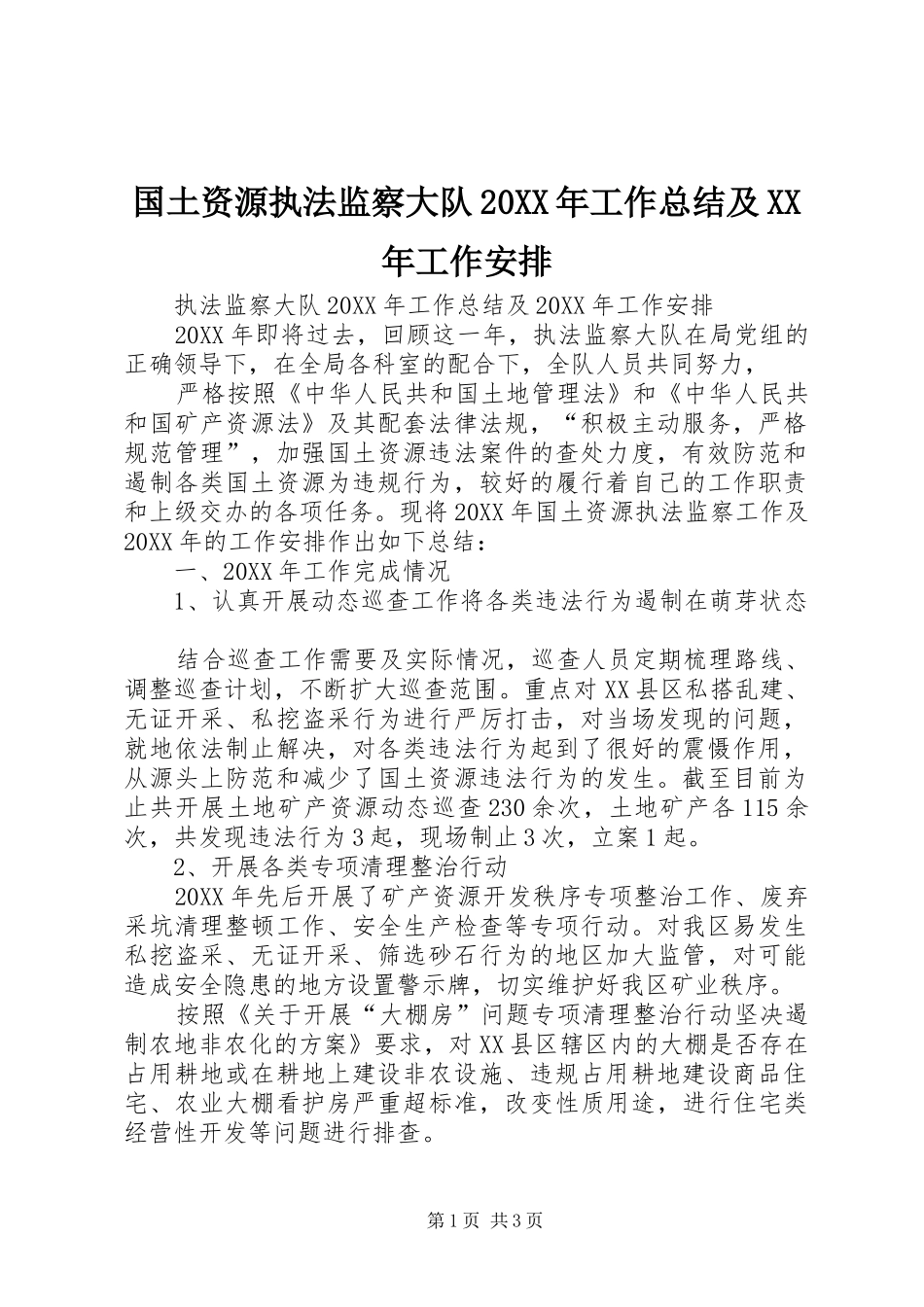 国土资源执法监察大队工作总结及工作安排_第1页