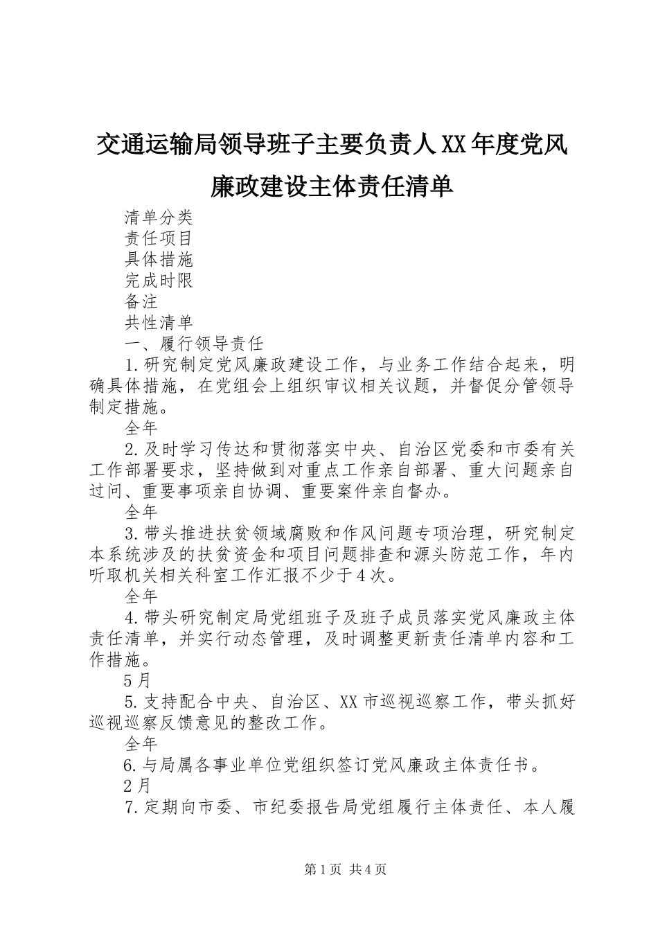 交通运输局领导班子主要负责人年度党风廉政建设主体责任清单_第1页