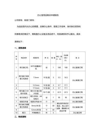 办公室用品购买申请报告