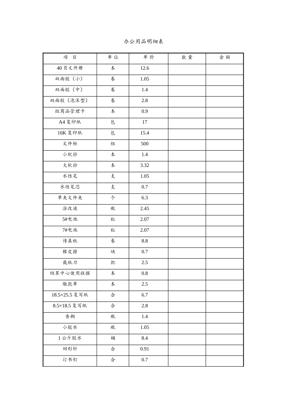 办公用品明细表、价目表_第1页