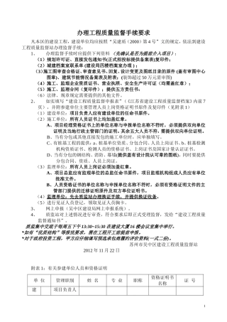 办理工程质量监督申报注册手续要求
