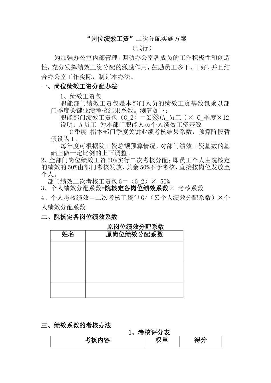 办公室绩效工资二次分配方案_第1页