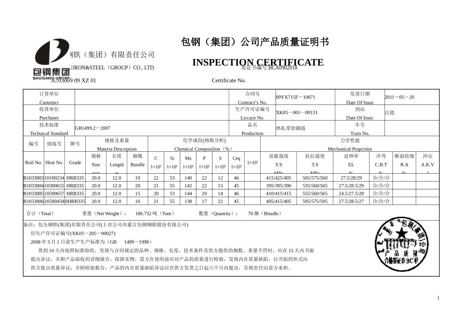 包钢(集团)公司产品质量证明书(螺纹)_第1页