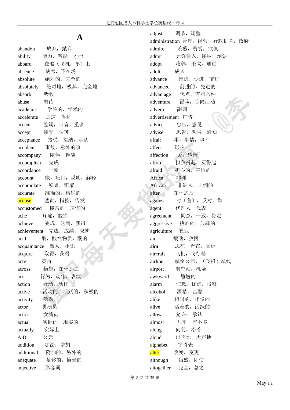 北京地区成人本科学位英语考试大纲词汇表_第2页