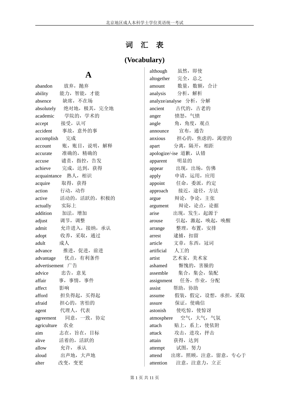北京地区成人本科学位英语重点词汇_第1页
