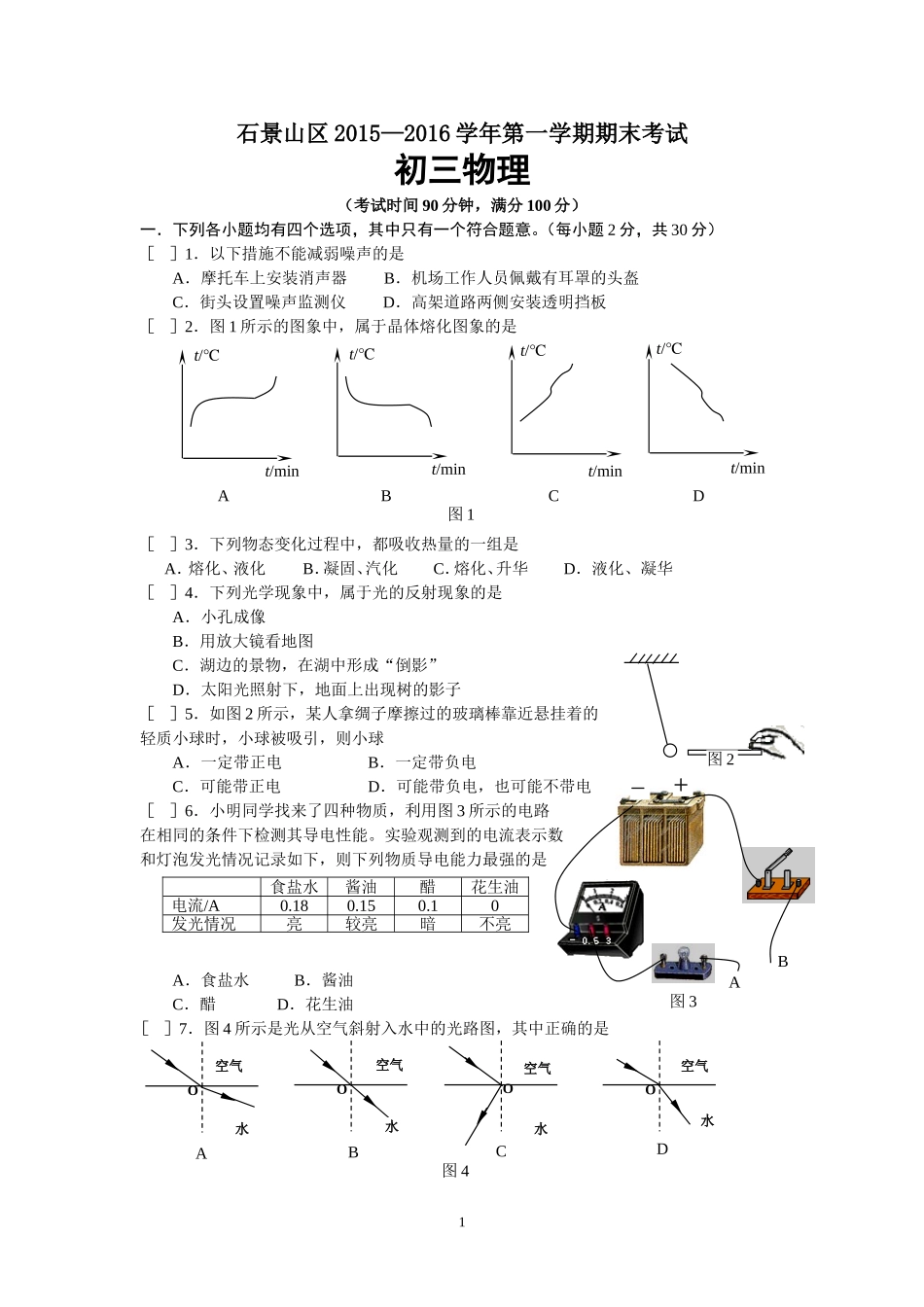 北京市石景山区2015—2016学年第一学期期末考试初三物理试卷_第1页