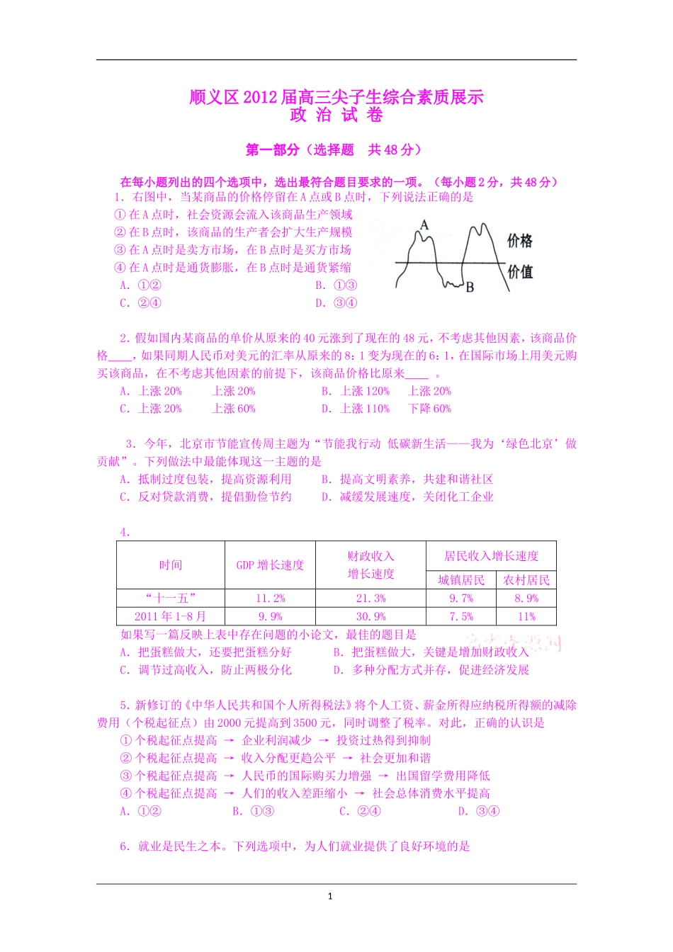 北京市顺义区2012届高三尖子生综合素质展示-政治试题_第1页