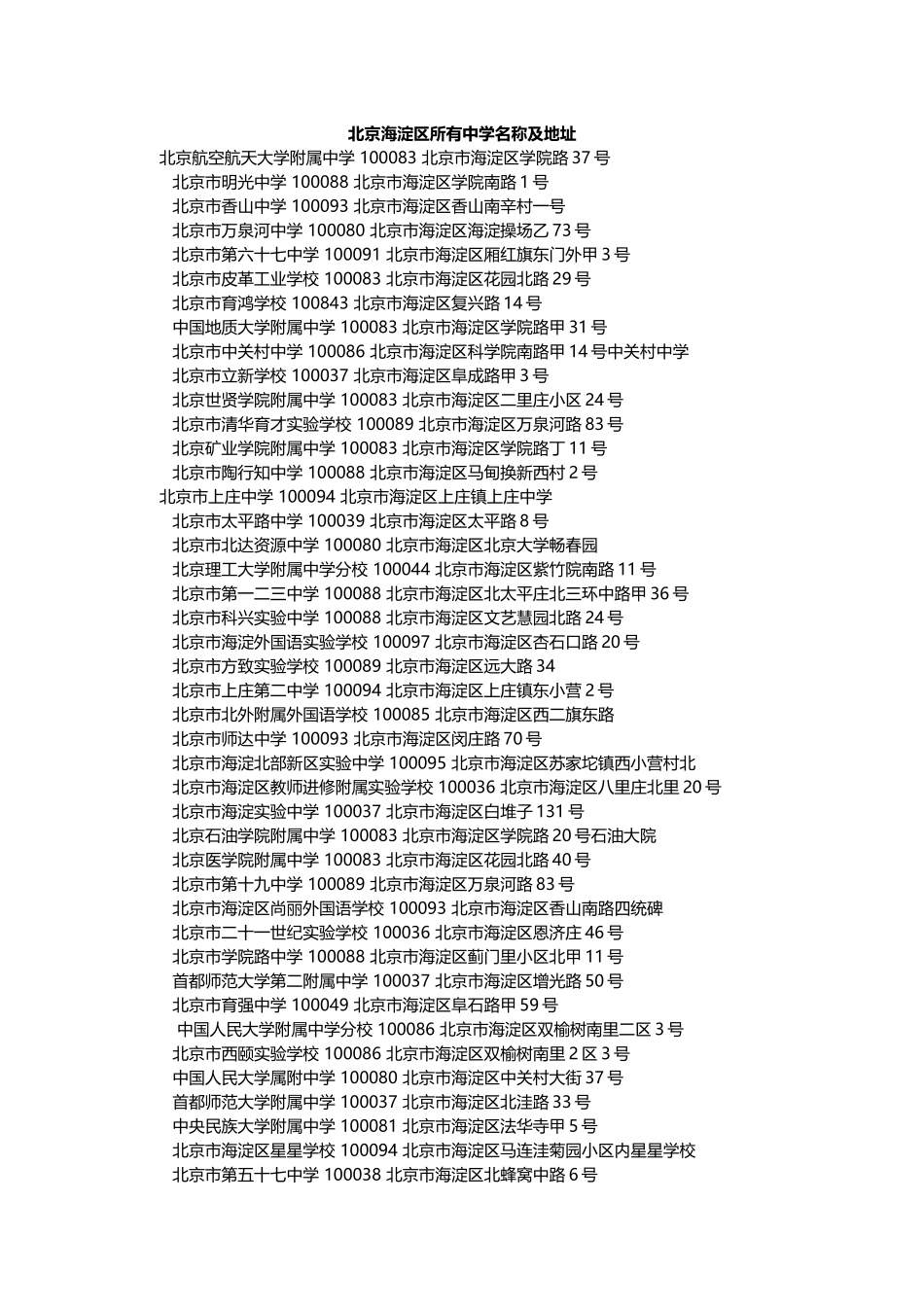 北京海淀区所有中学名称及地址_第1页