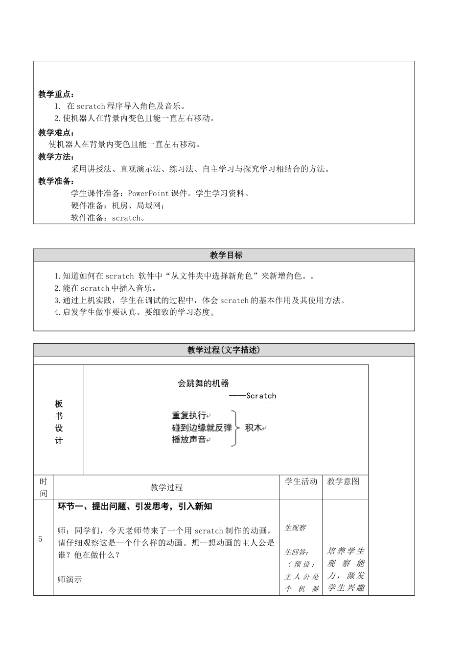 北京市小学信息技术第三册《Scratch：会跳舞的机器人》精品表格式教案设计_第2页