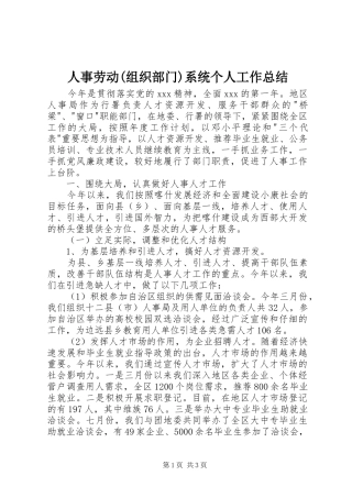 人事劳动组织部门系统个人工作总结