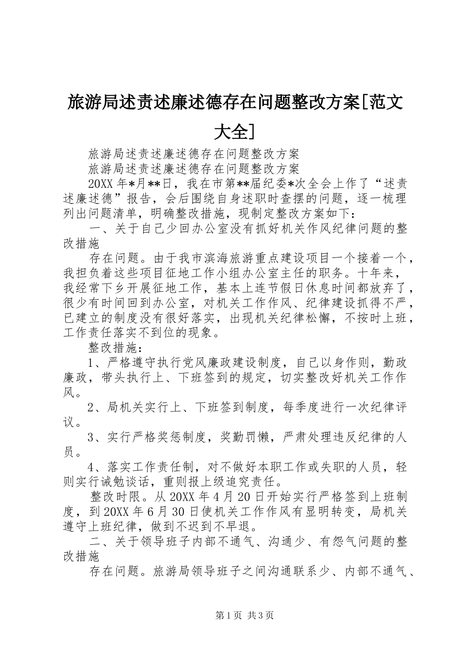旅游局述责述廉述德存在问题整改方案范文大全_第1页
