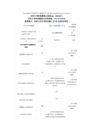 北京师范大学地理学与遥感科学学院2011年研究生招生专业目录