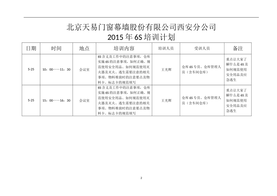 北京天易幕墙工程有限公司西安分公司2015年6S培训计划_第2页