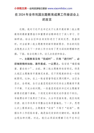 在2024年全市巩固主题教育成果工作座谈会上的发言