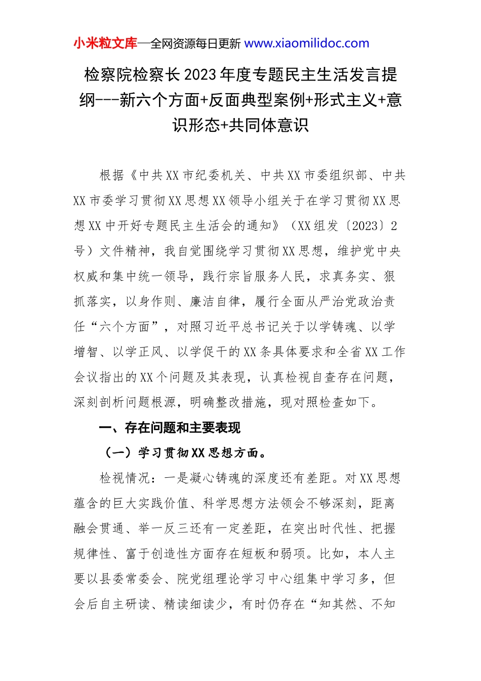 检察院检察长2023年度专题民主生活发言提纲---新六个方面+反面典型案例+意识形态+共同体意识_第1页