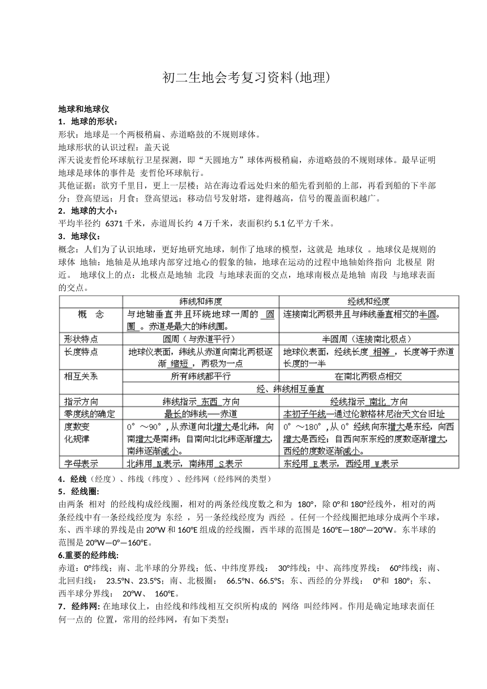 初二生地会考复习资料并附赠地理知识口诀歌_第1页