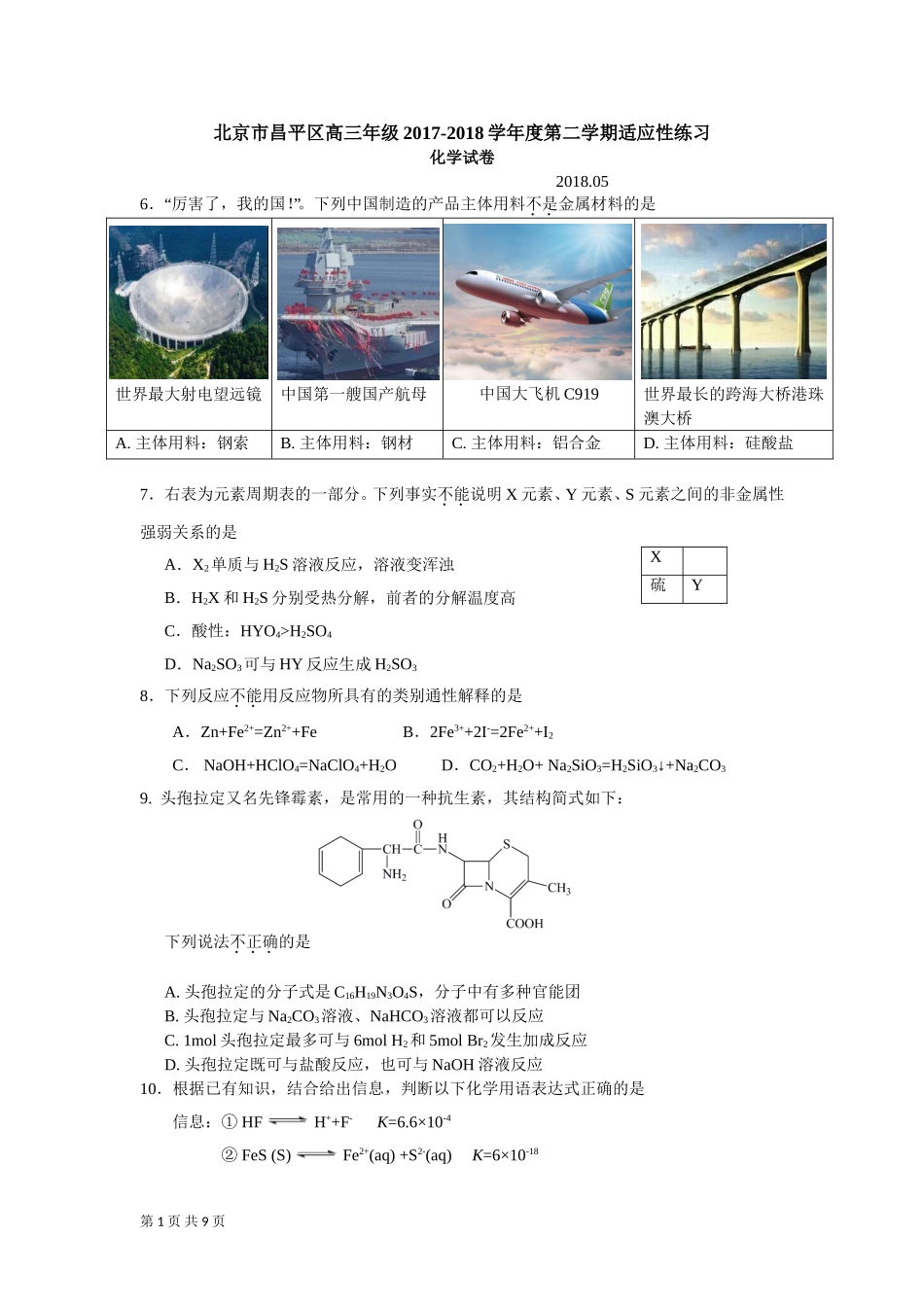 北京市昌平区2018届高三二模理综化学试题word版含答案_第1页