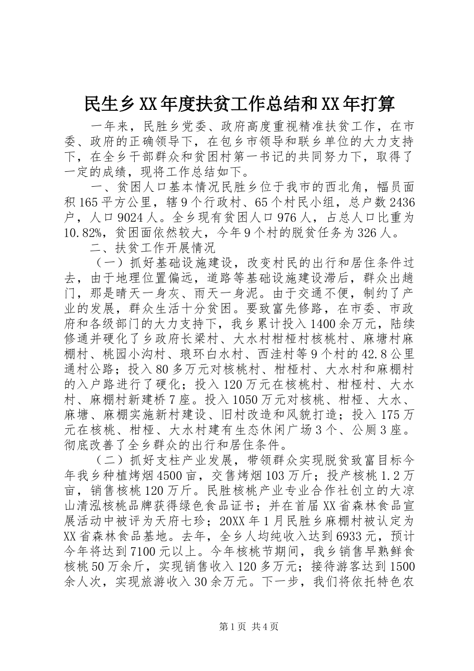 民生乡年度扶贫工作总结和打算_第1页