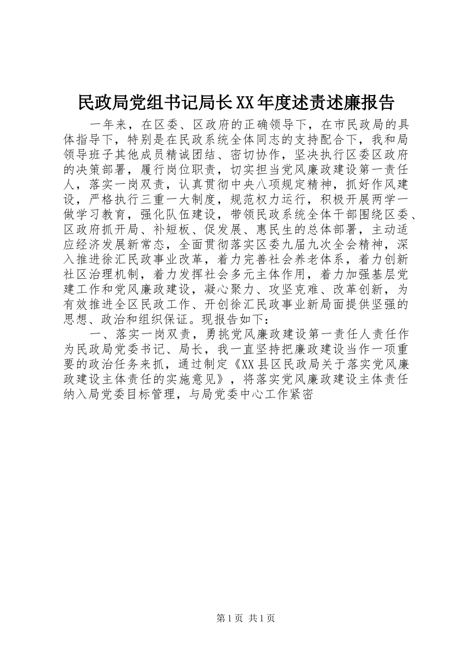 民政局党组书记局长年度述责述廉报告_第1页