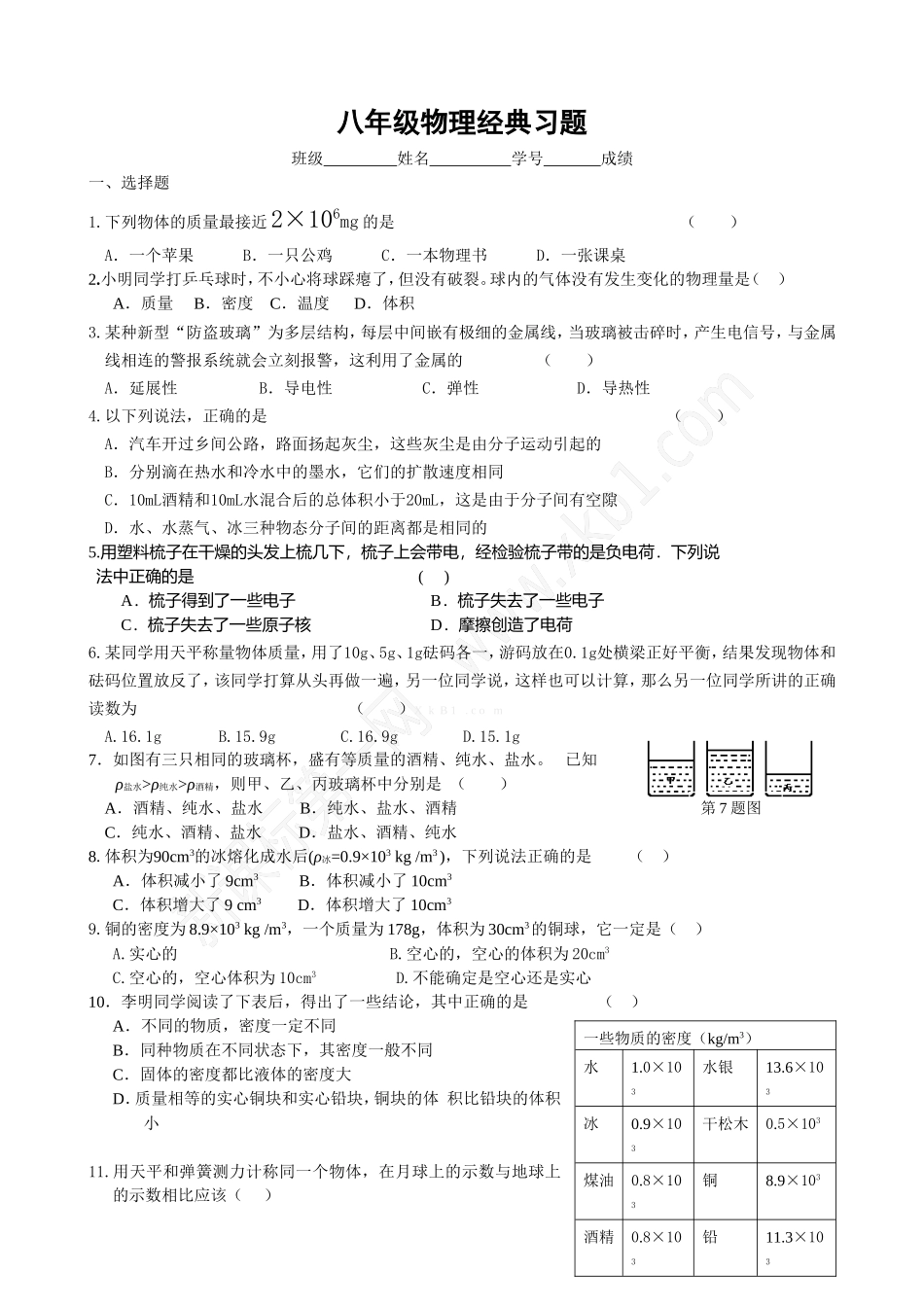 初二物理下册综合练习题(2016经典习题)_第1页