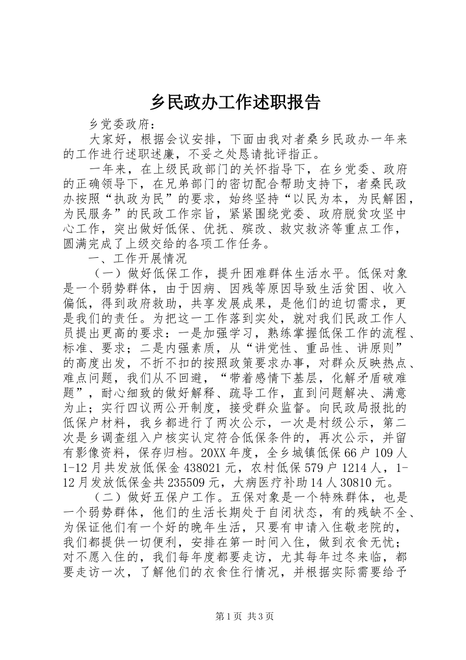 乡民政办工作述职报告_第1页