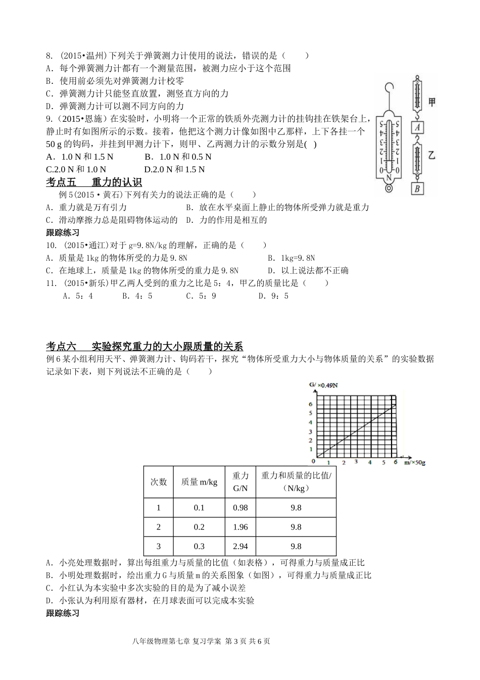 初二物理下第七章力复习学案_第3页