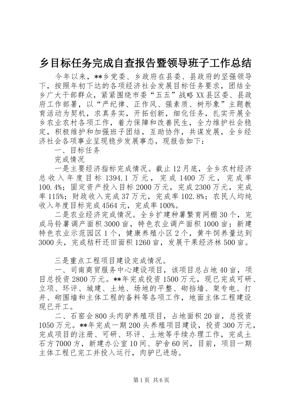 乡目标任务完成自查报告暨领导班子工作总结_第1页