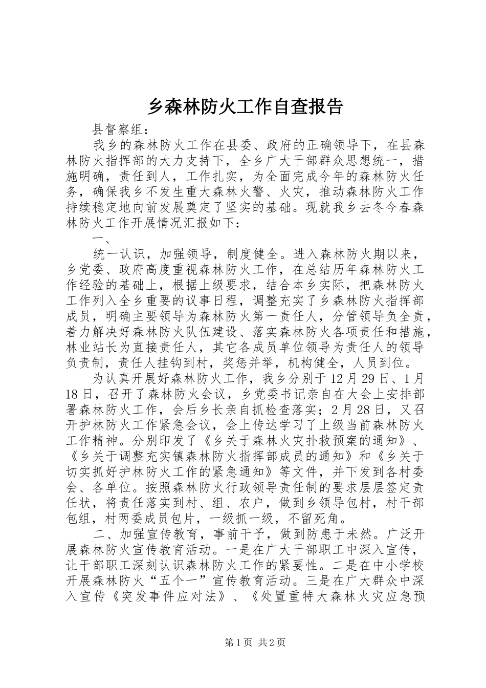 乡森林防火工作自查报告_第1页