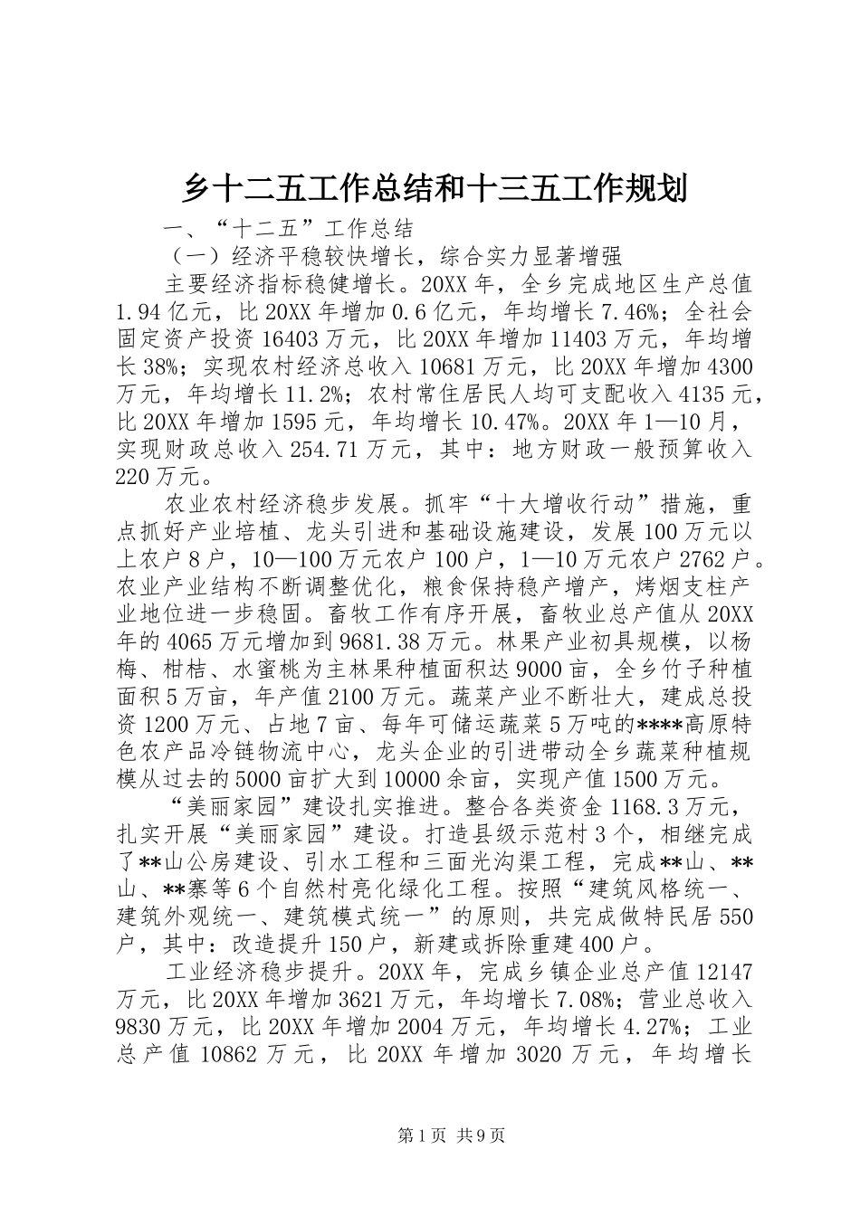 乡十二五工作总结和十三五工作规划_第1页