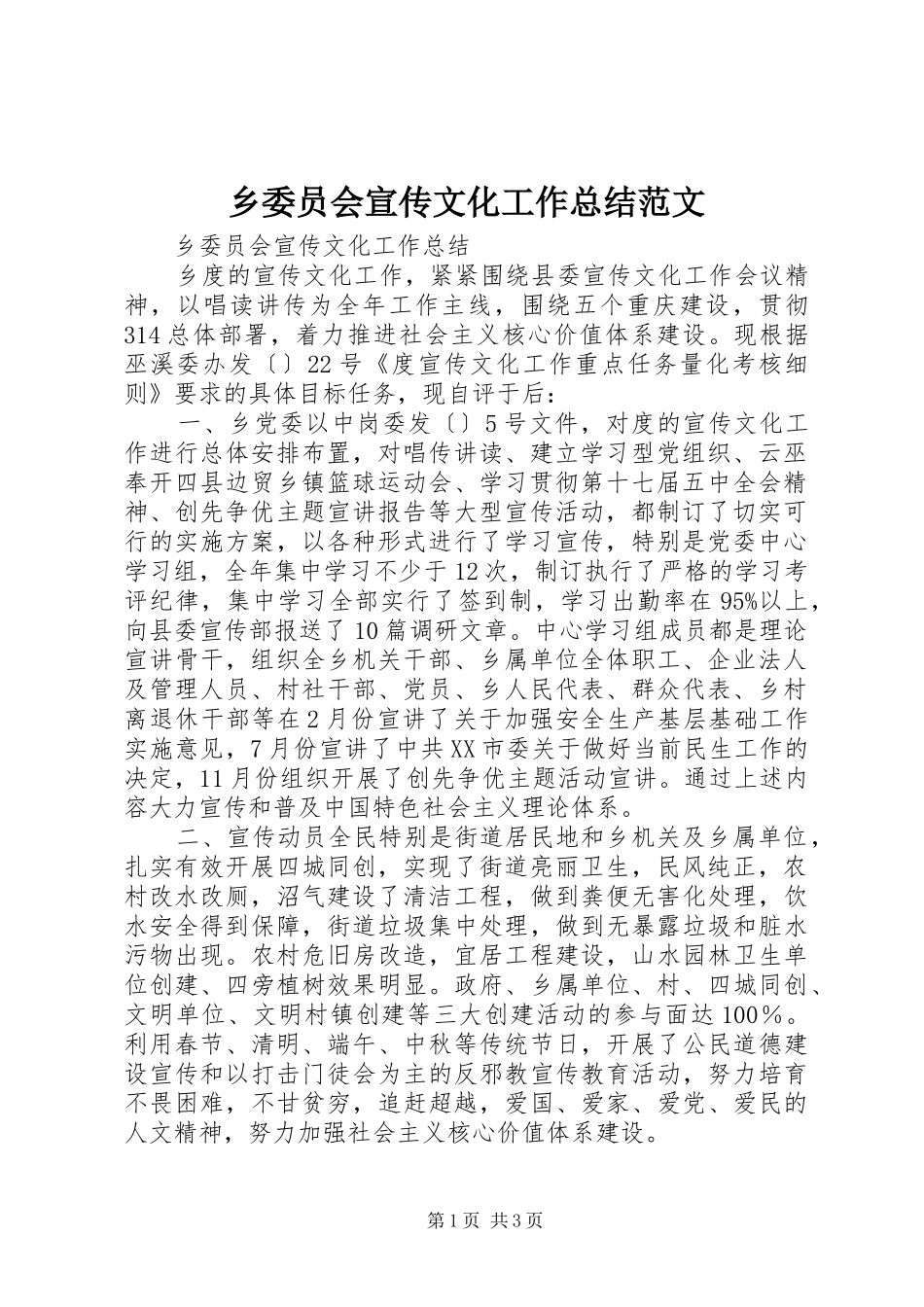 乡委员会宣传文化工作总结范文_第1页