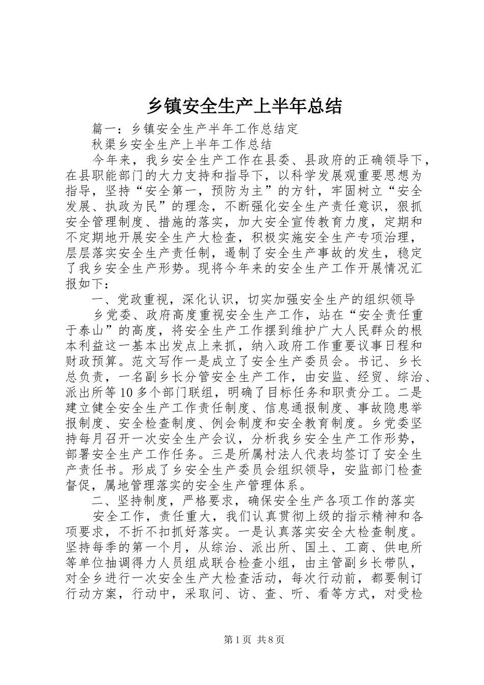 乡镇安全生产上半年总结_第1页