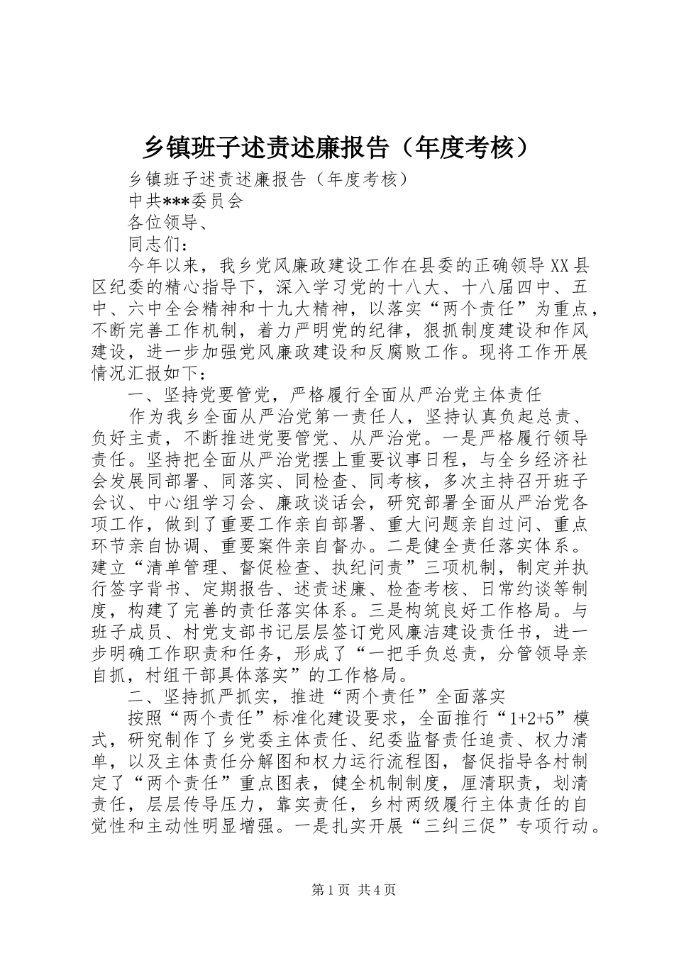 乡镇班子述责述廉报告_第1页