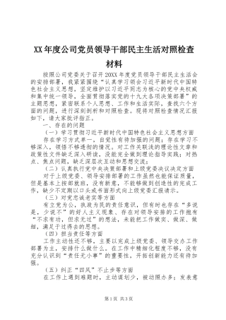 年度公司党员领导干部民主生活对照检查材料
