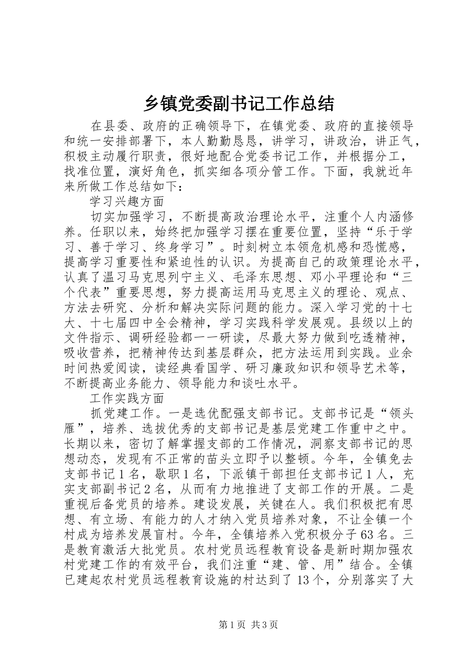 乡镇党委副书记工作总结_第1页