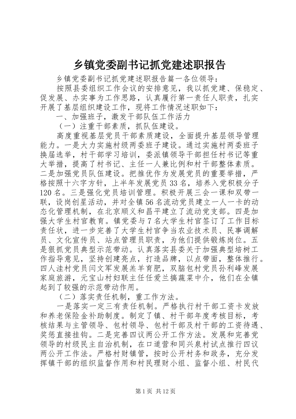 乡镇党委副书记抓党建述职报告_第1页