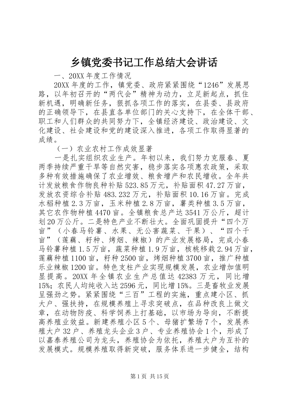 乡镇党委书记工作总结大会致辞_第1页