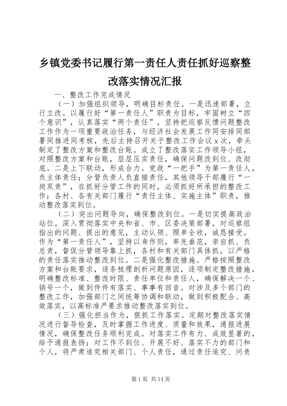 乡镇党委书记履行第一责任人责任抓好巡察整改落实情况汇报_第1页